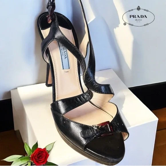 Authentic Prada Black leather Strappy Heels Sleek Design-SZ 8